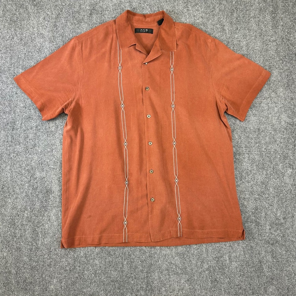 Axis LA Mens Large Rust Orange 100% Silk Embroidered Short Sleeve Camp Shirt